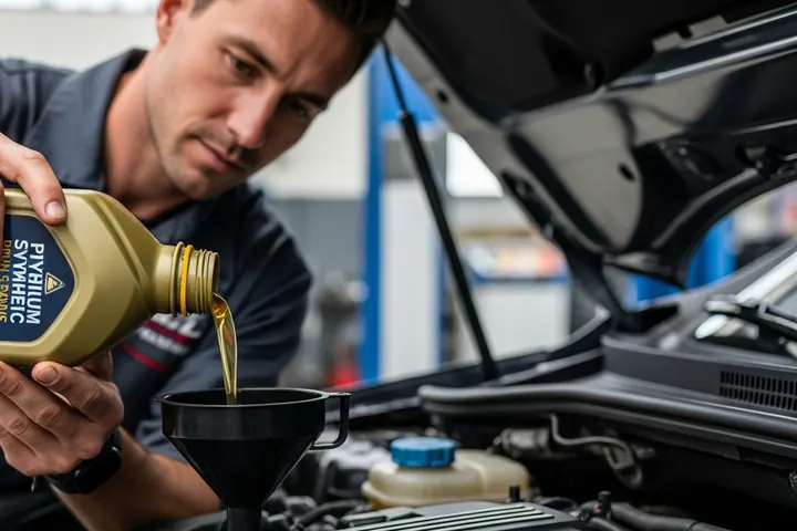 Technician pouring full synthetic oil into an engine